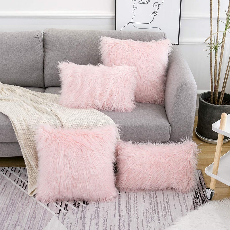 WLNUI Set of 2 Valentines Day Pink Fluffy Pillow Covers New Luxury Series Merino Style Blush Faux Fur Decorative Throw Pillow Covers Square Fuzzy Cushion Case 16x16 Inch - Image 3